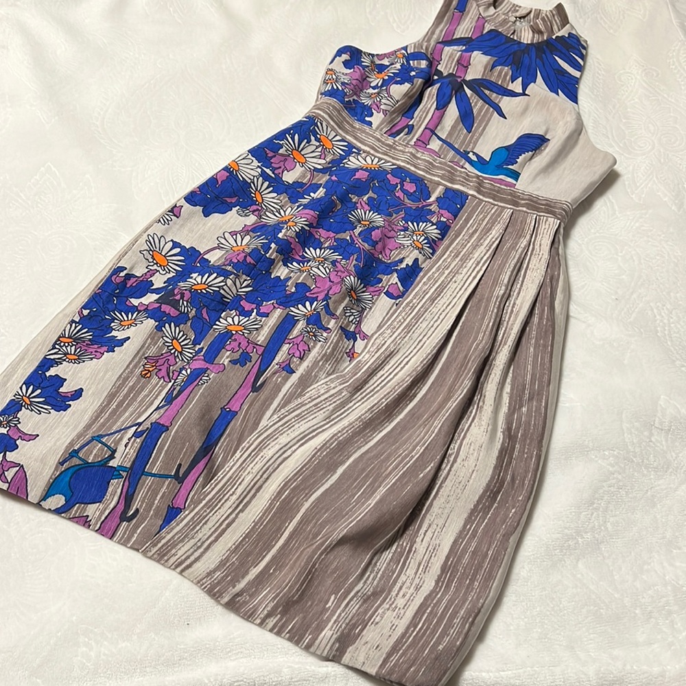 Tibi Floral Print Midi Dress in Blue, Purple, Tan